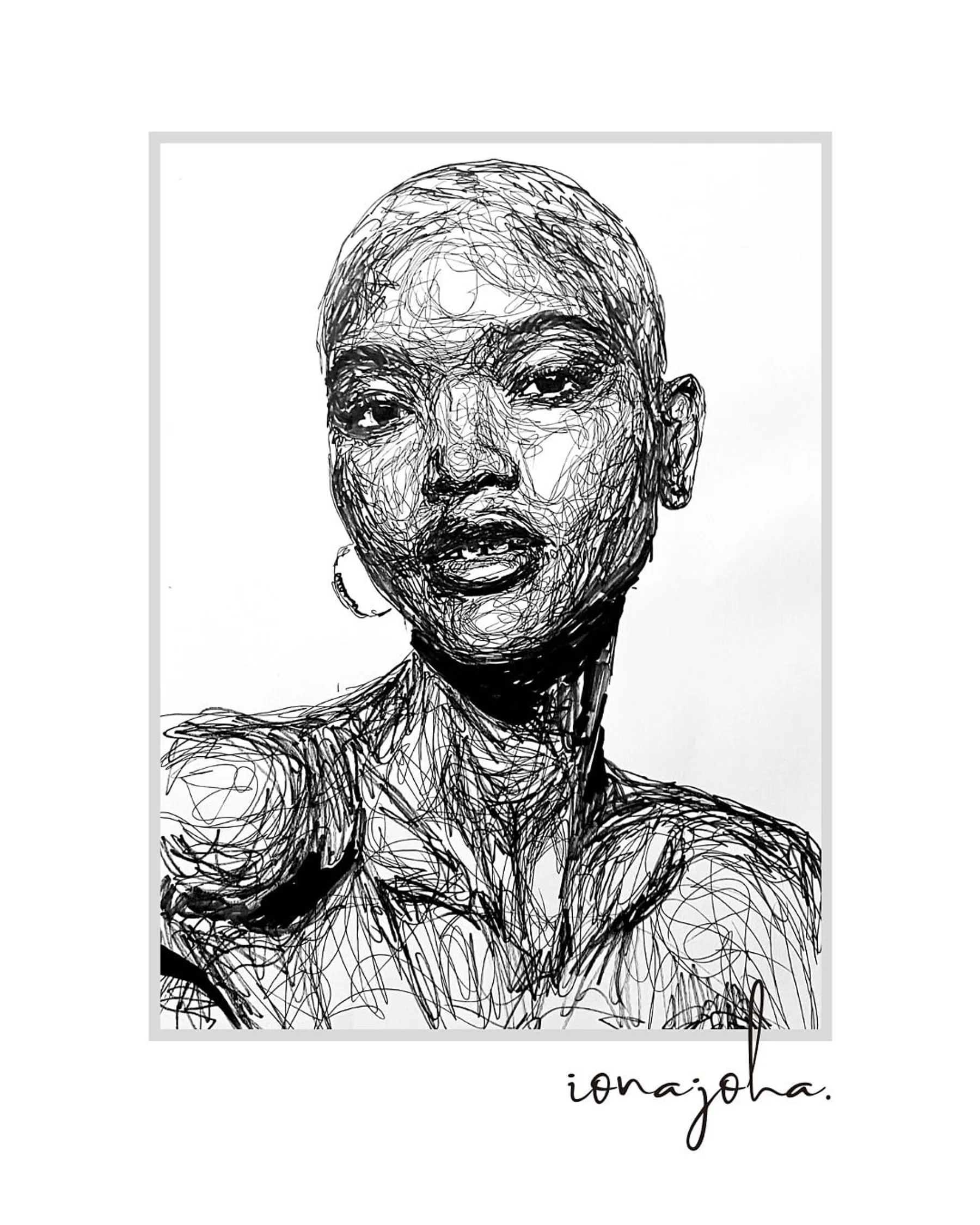 Ink portrait of a woman with closely cropped hair and hoop earrings, bare shoulders