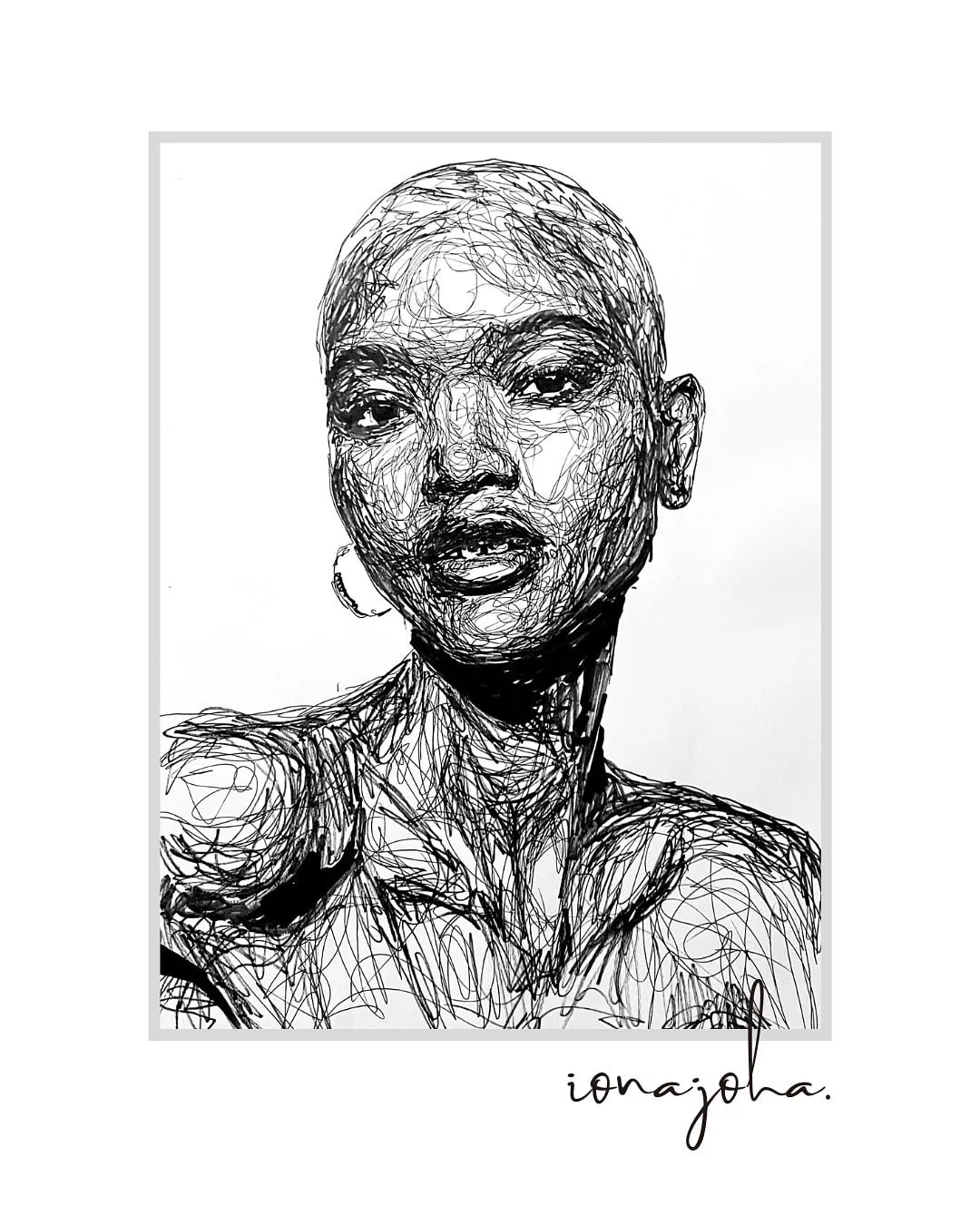 Ink portrait of a woman with closely cropped hair and hoop earrings, bare shoulders
