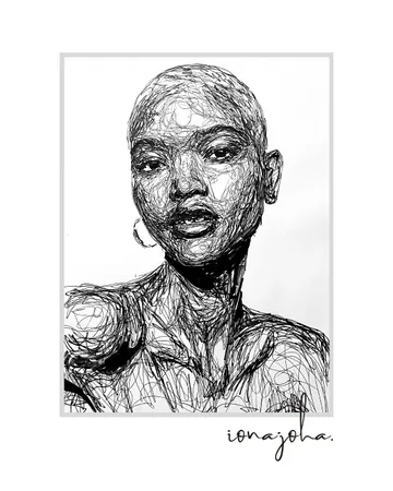Ink portrait of a woman with closely cropped hair and hoop earrings, bare shoulders