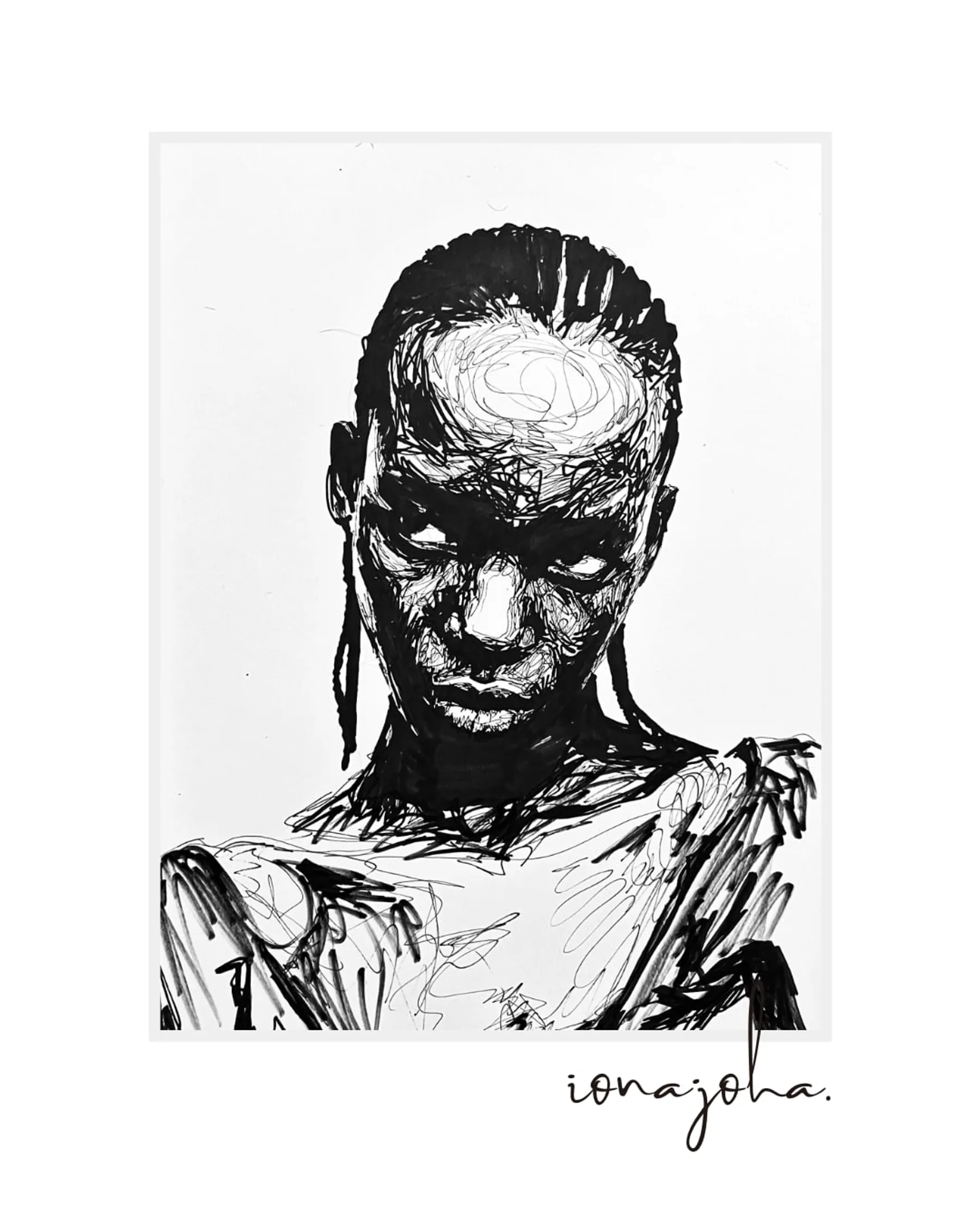 Ink portrait of a woman with braided hair and an intense, direct gaze