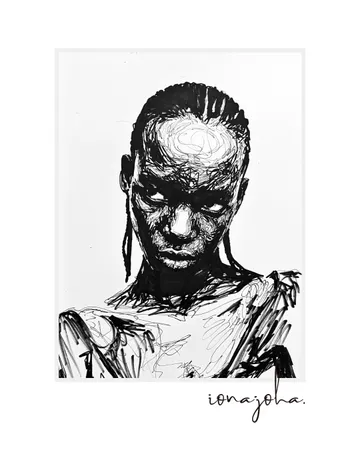 Ink portrait of a woman with braided hair and an intense, direct gaze