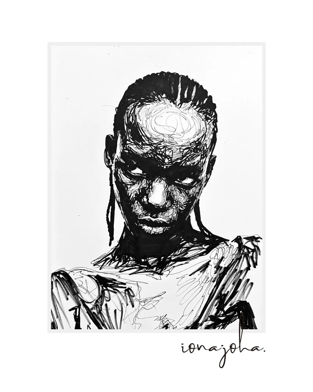 Ink portrait of a woman with braided hair and an intense, direct gaze