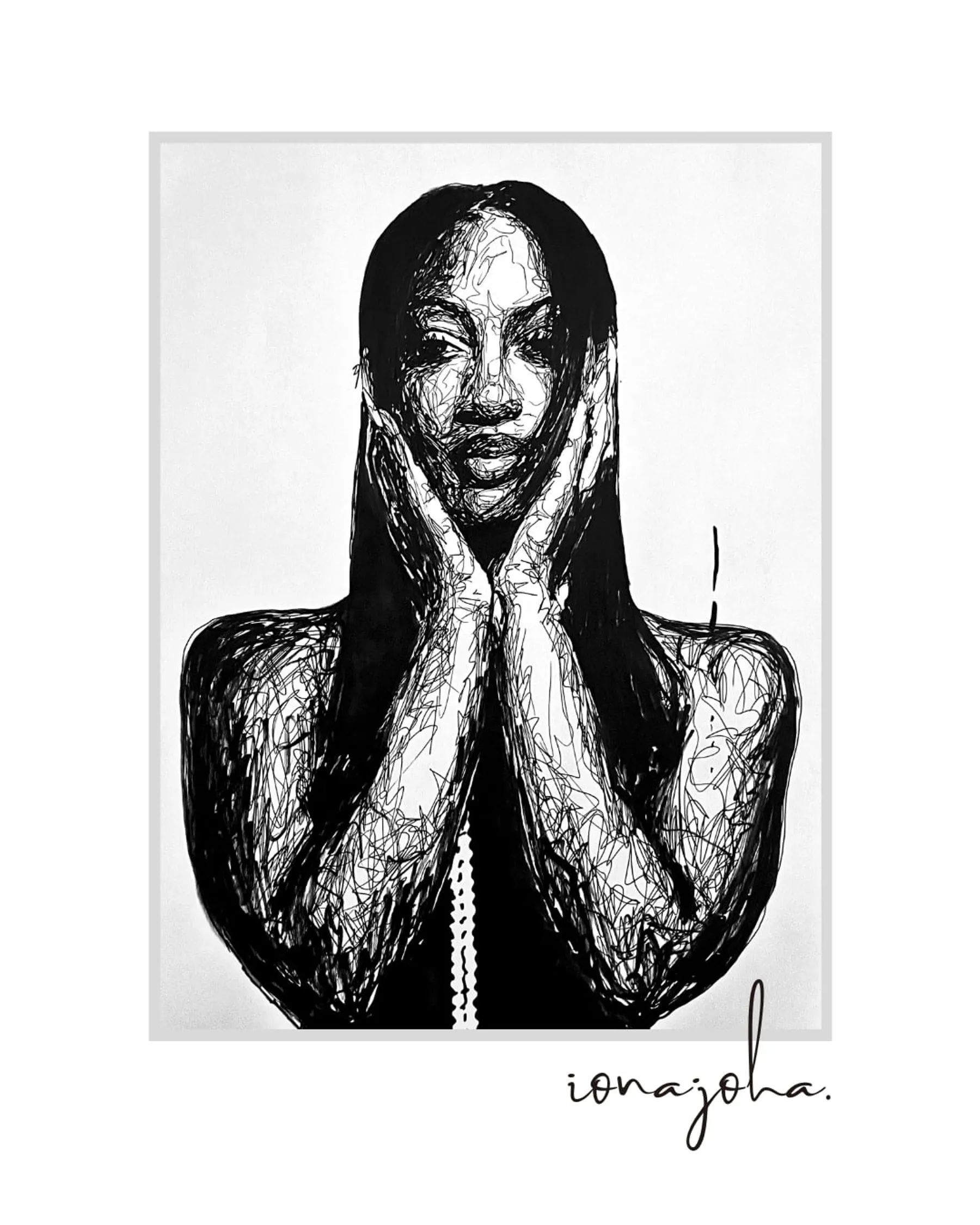 Ink portrait of a woman with long dark hair, her hands framing her face