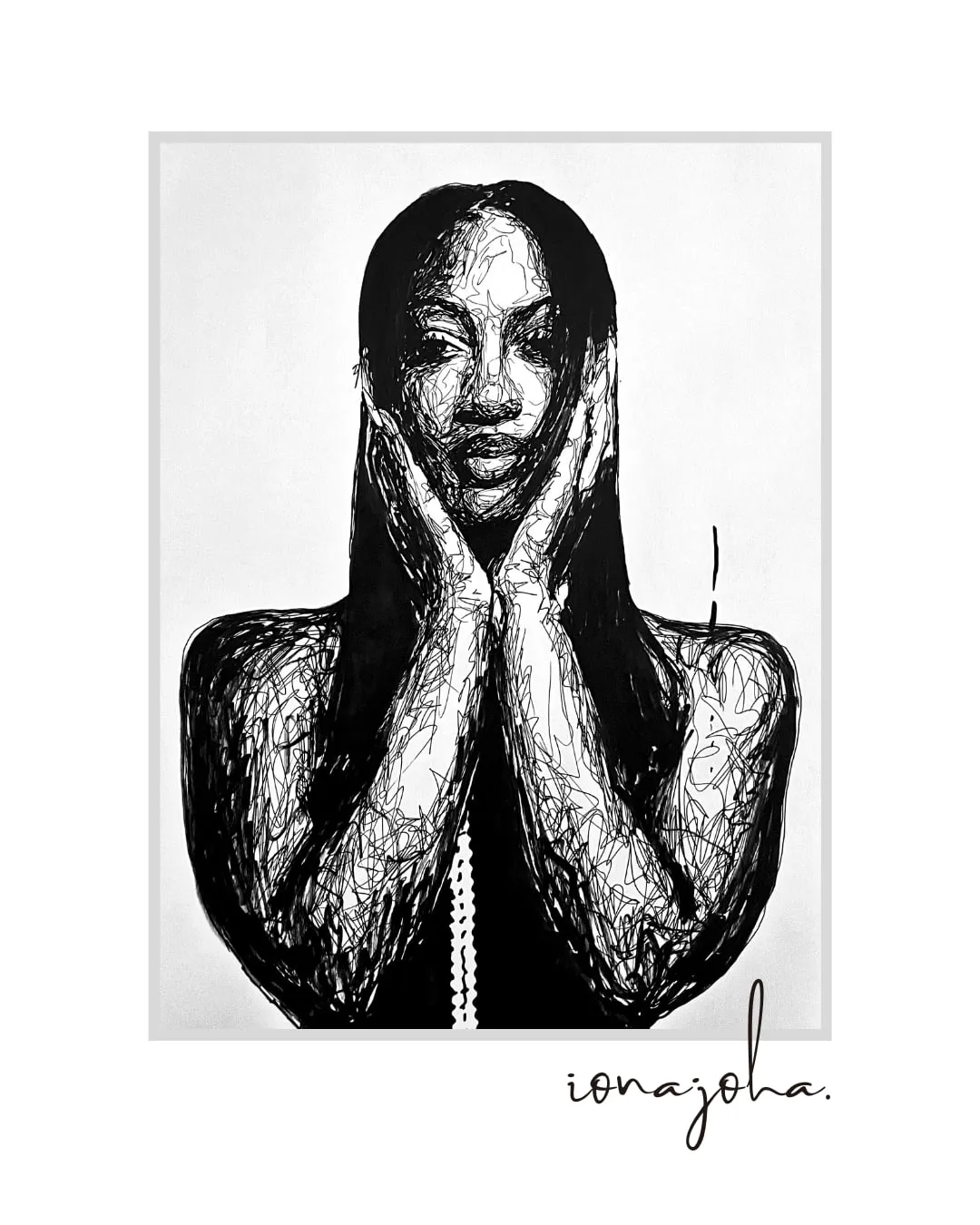 Ink portrait of a woman with long dark hair, her hands framing her face