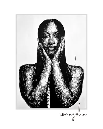 Ink portrait of a woman with long dark hair, her hands framing her face