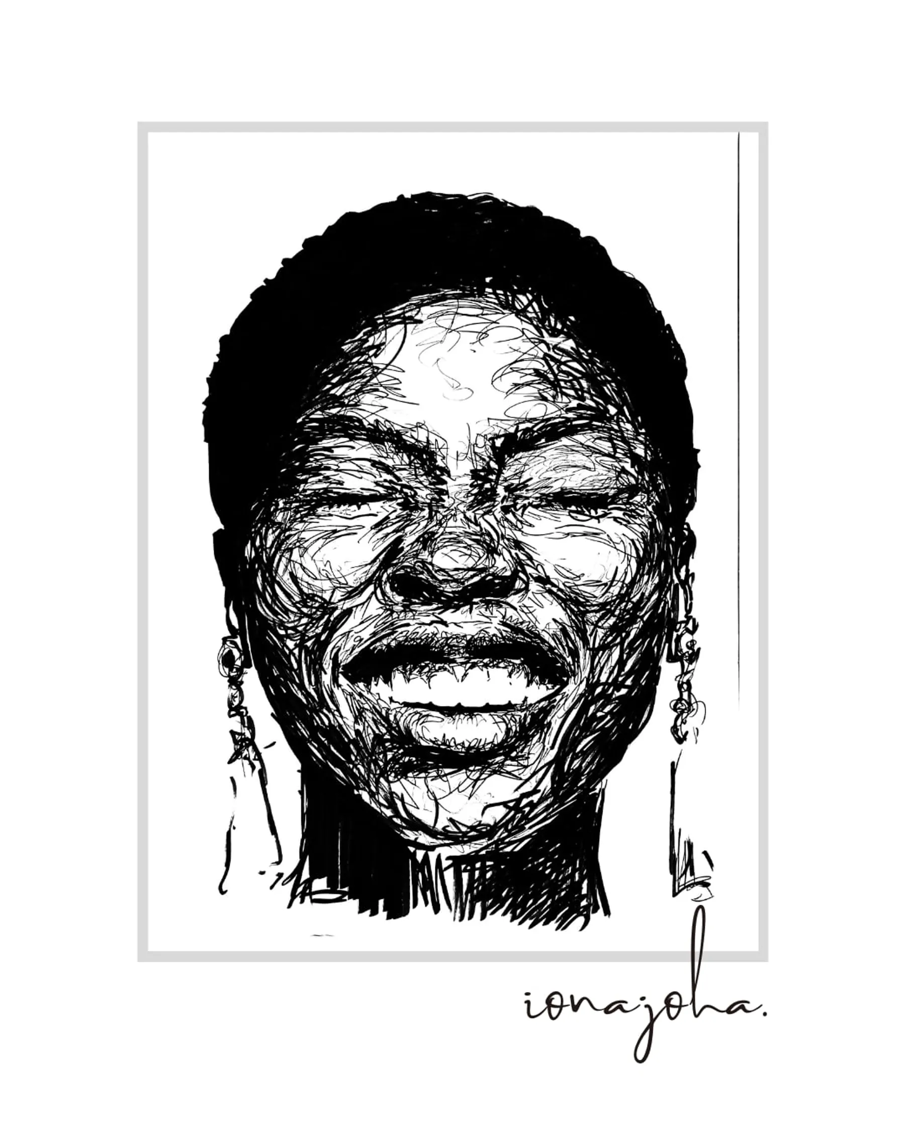 Ink portrait of a woman with short hair smiling broadly