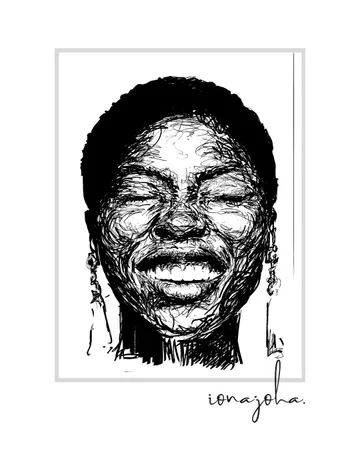 Ink portrait of a woman with short hair smiling broadly