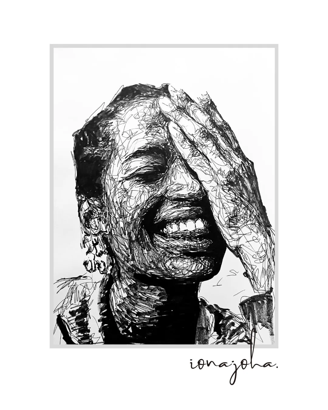 Ink portrait of a woman laughing, one hand covering her eye