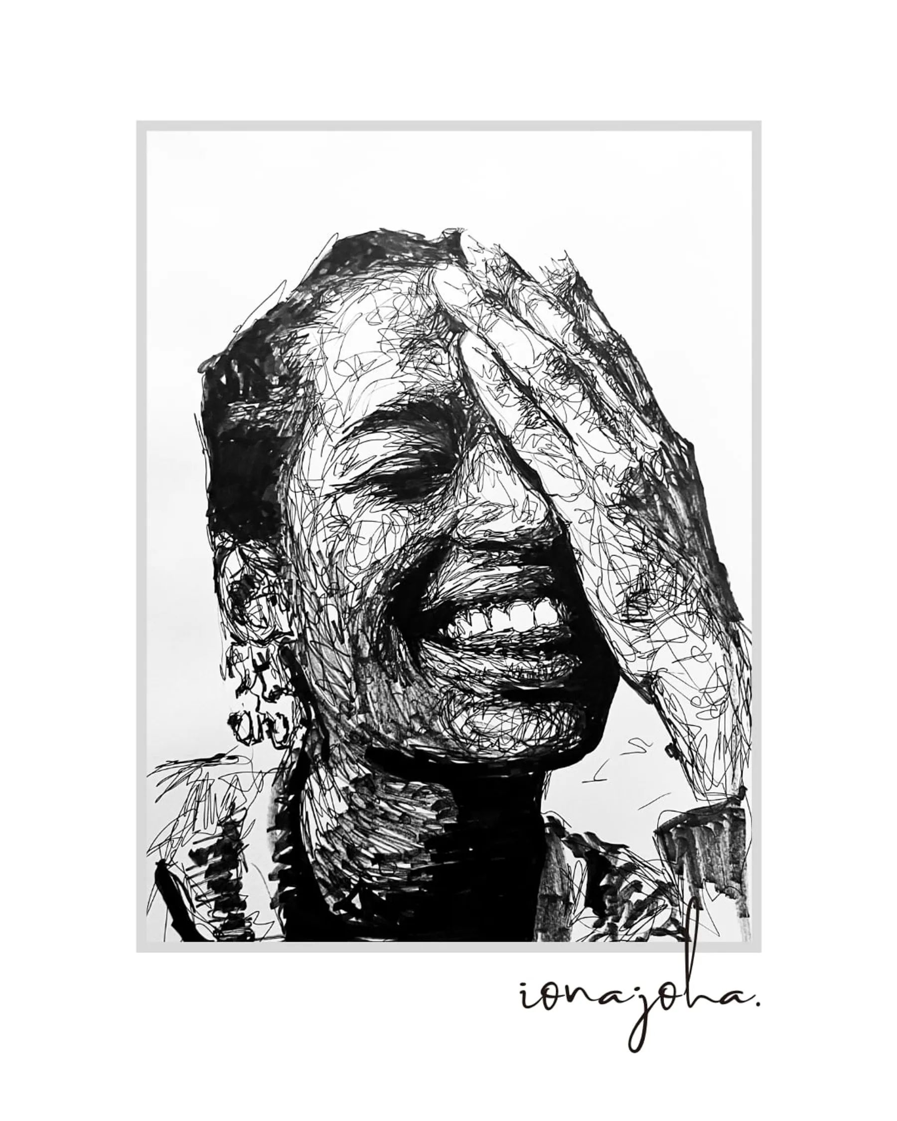 Ink portrait of a woman laughing, one hand covering her eye