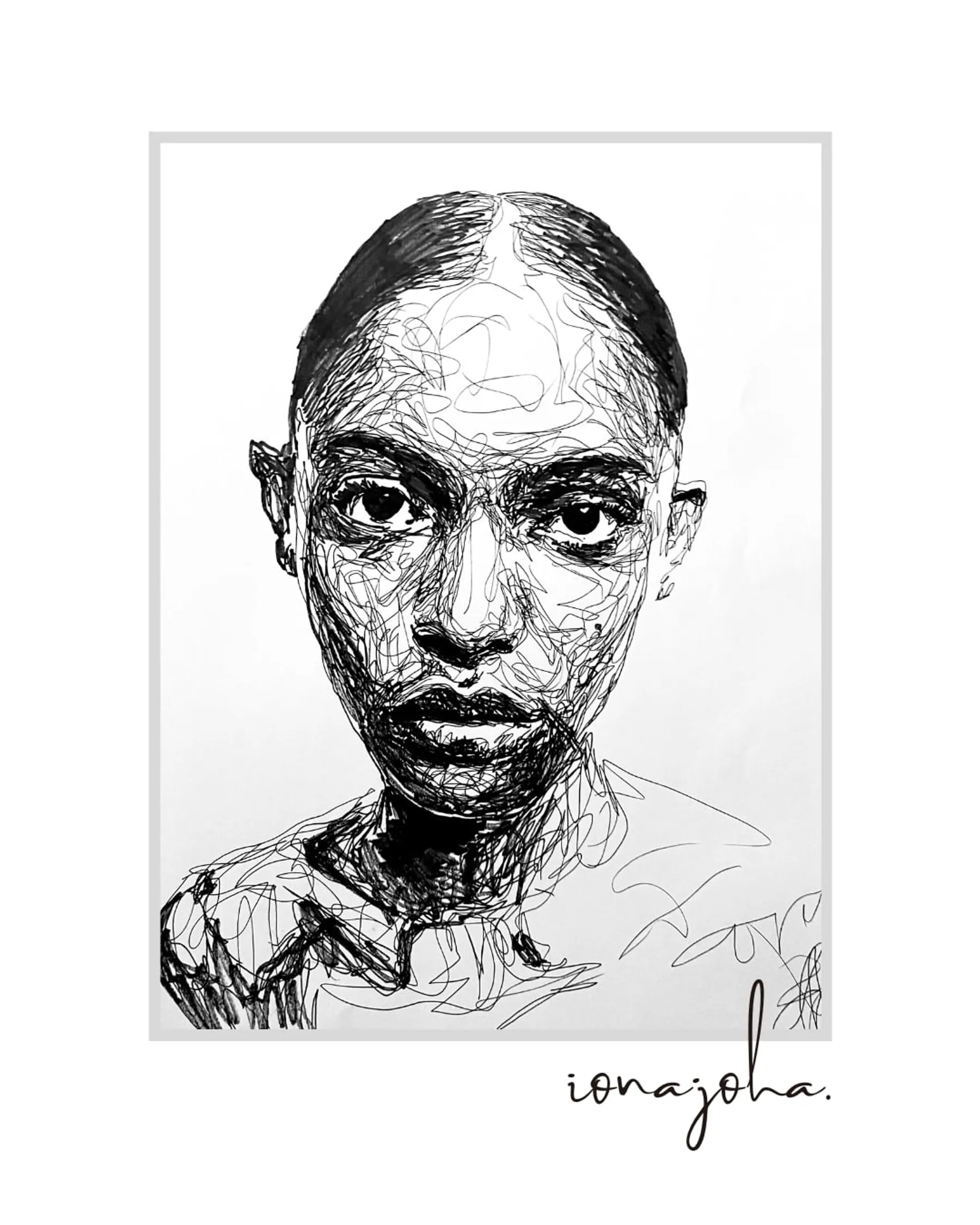 Ink portrait of a woman with slicked-back hair looking straight ahead