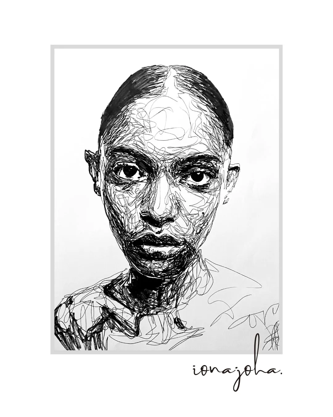 Ink portrait of a woman with slicked-back hair looking straight ahead