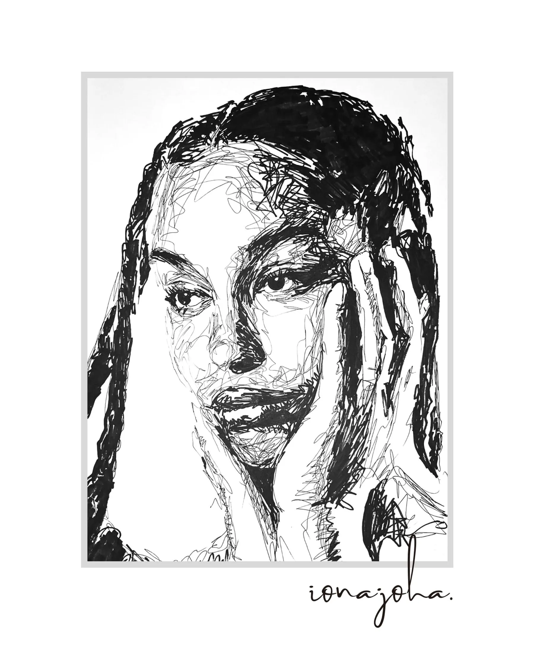 Ink portrait of a woman with long braids, hands resting on her head