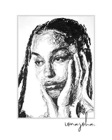 Ink portrait of a woman with long braids, hands resting on her head