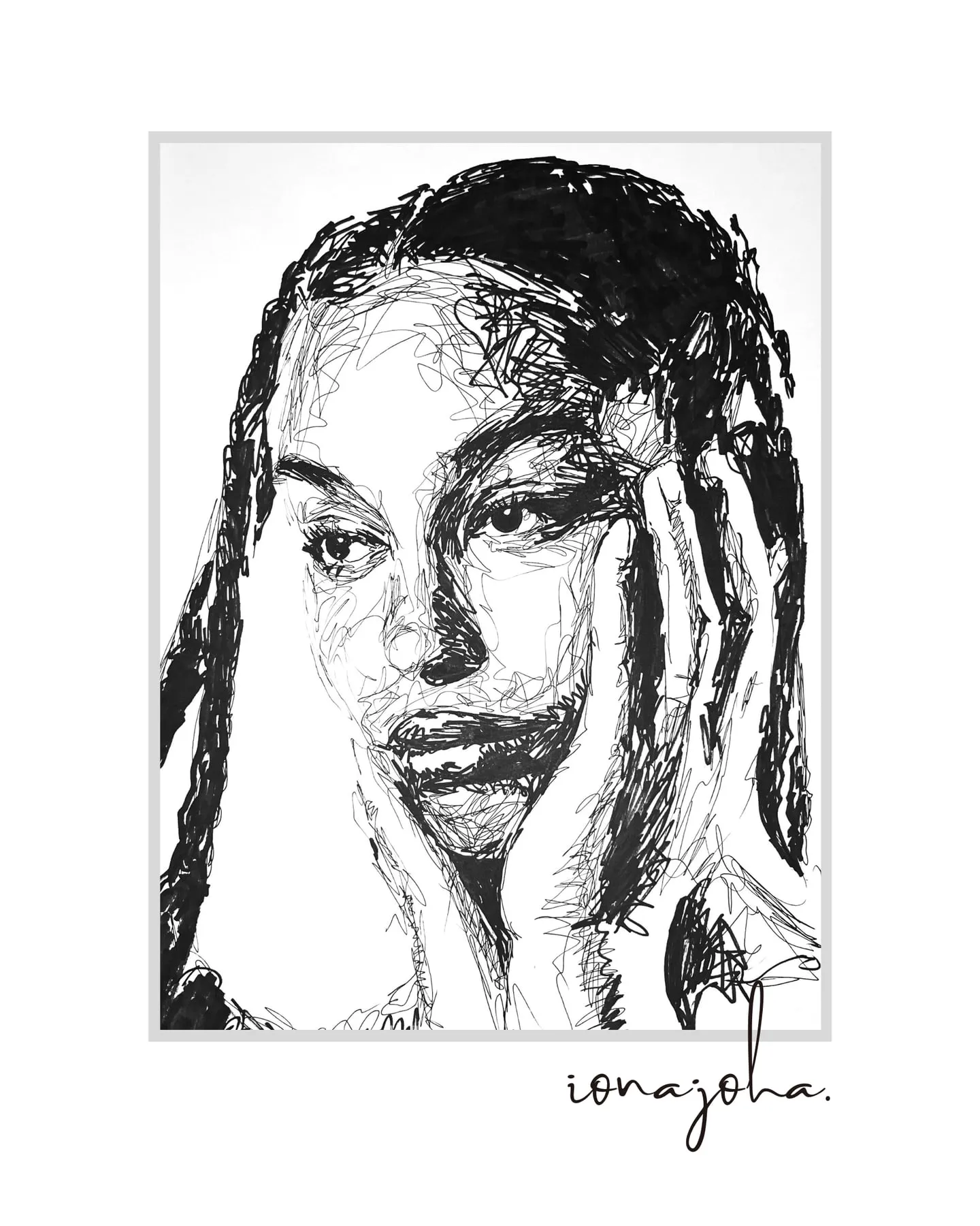 Ink portrait of a woman with long braids, hands resting on her head