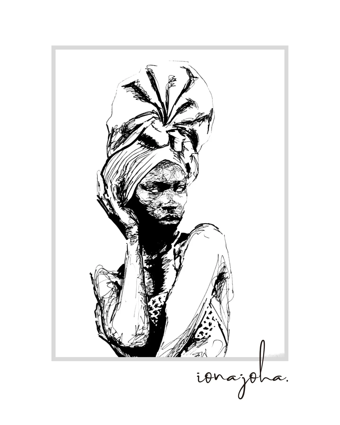 Ink portrait of a woman in a headwrap, one hand raised to her head