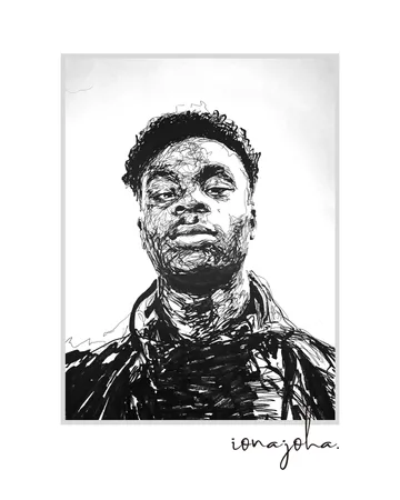 Ink portrait of a young man with his chin raised