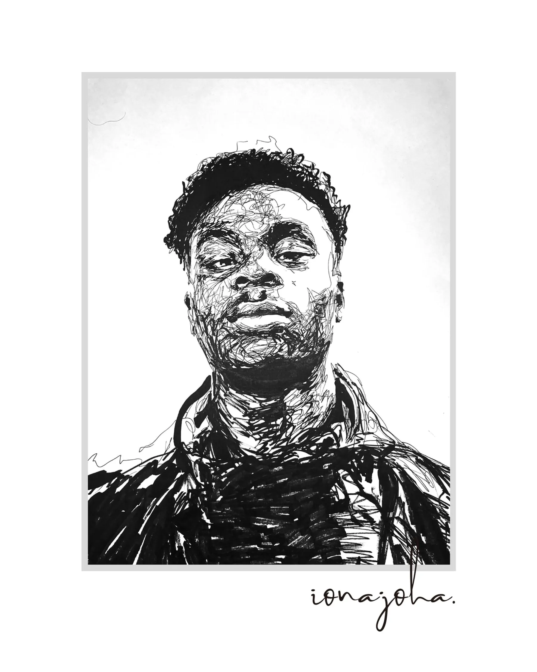 Ink portrait of a young man with his chin raised