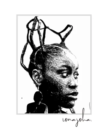 Ink portrait in profile of a woman with a sculptural threaded hairstyle