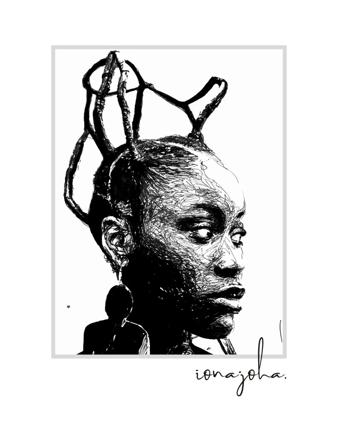 Ink portrait in profile of a woman with a sculptural threaded hairstyle