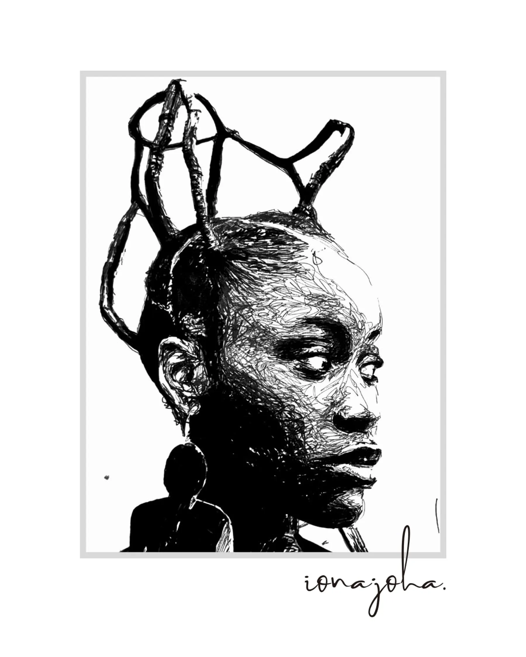 Ink portrait in profile of a woman with a sculptural threaded hairstyle