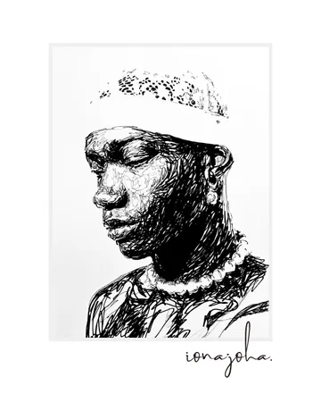 Ink portrait of a young person in a crochet cap and pearl necklace, looking down
