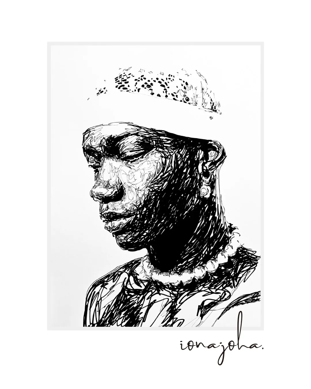 Ink portrait of a young person in a crochet cap and pearl necklace, looking down