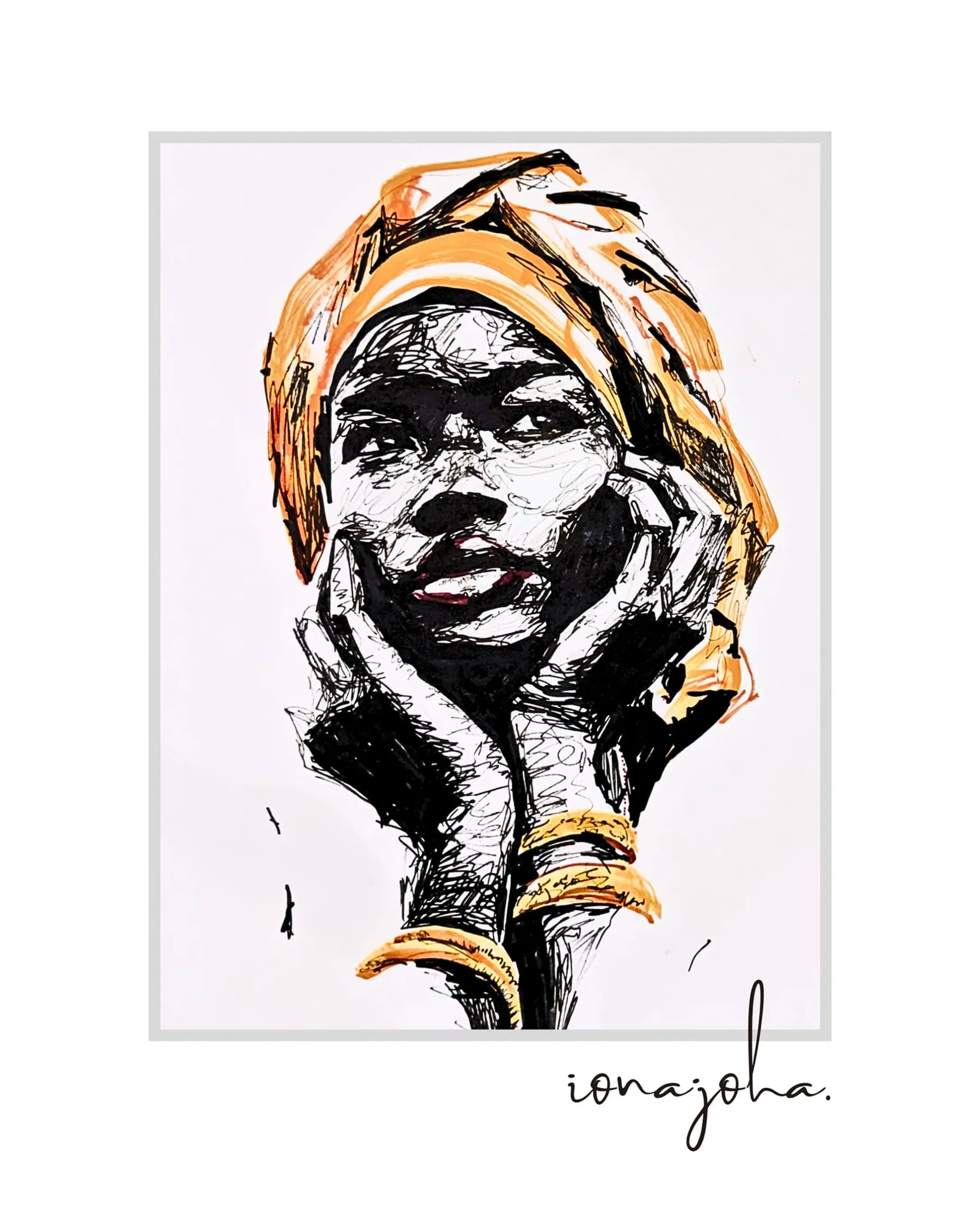 Ink portrait of a woman in an orange headwrap with her hands on her cheeks