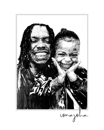 Ink portrait of a smiling man with locs holding a young child