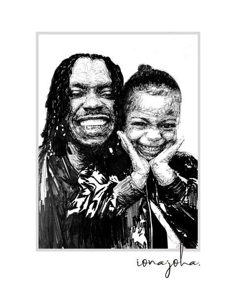 Ink portrait of a smiling man with locs holding a young child