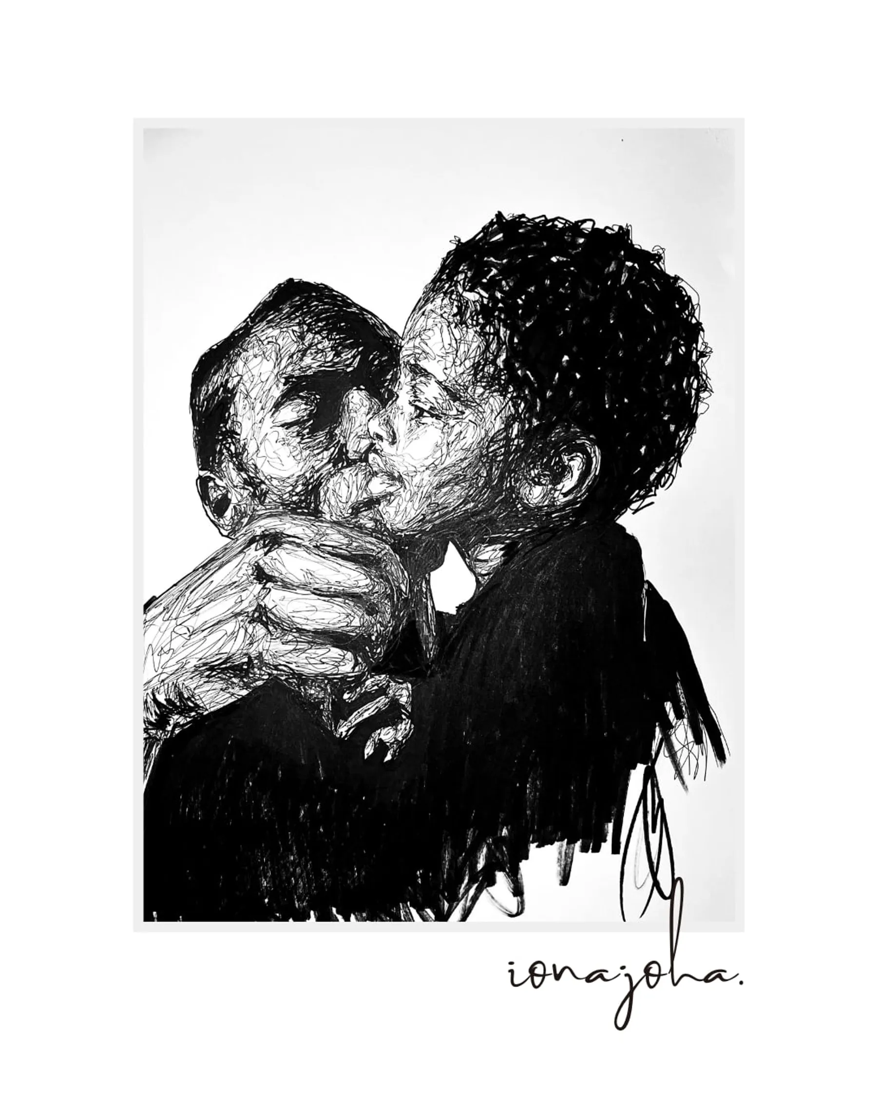 Ink drawing of a mother kissing her child