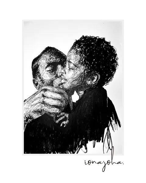 Ink drawing of a mother kissing her child