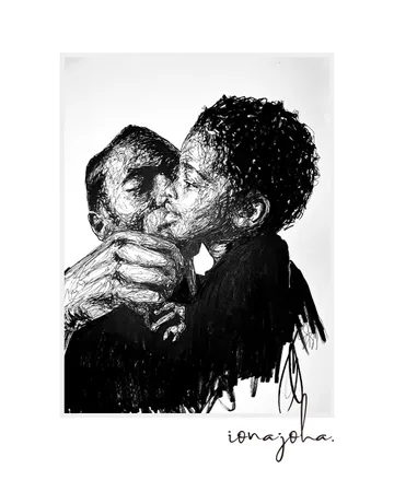 Ink drawing of a mother kissing her child