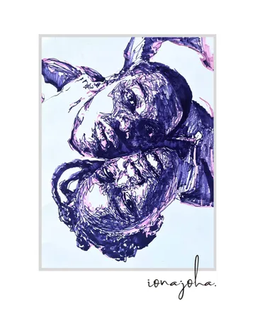 Two faces intertwined, drawn in blue ink