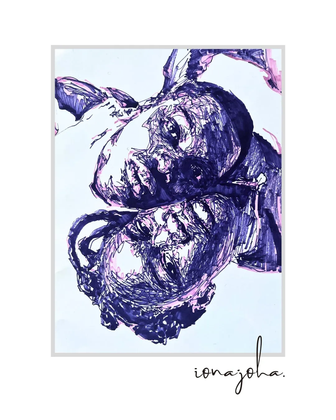 Two faces intertwined, drawn in blue ink