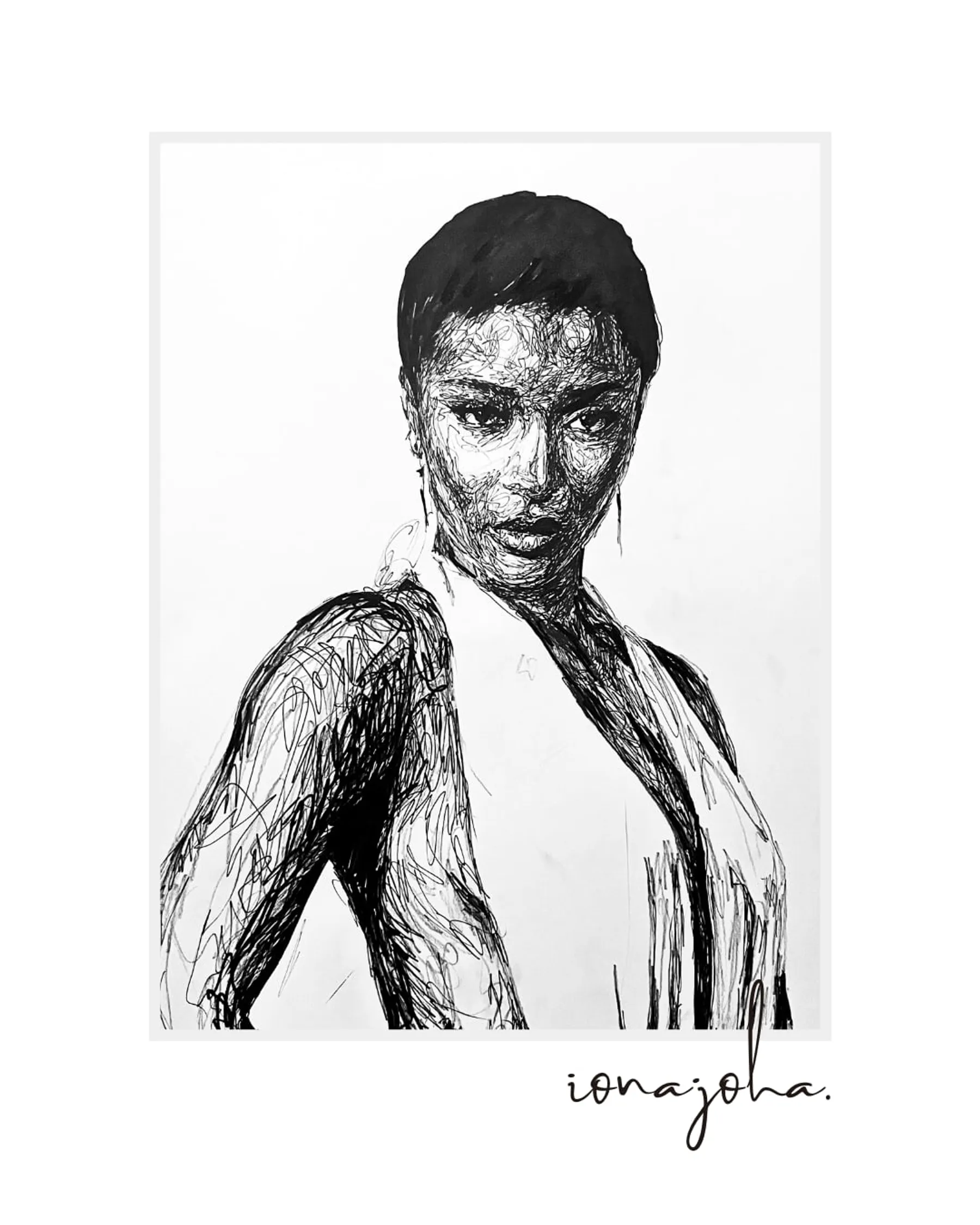 Ink portrait of a woman with cropped hair and bare shoulders