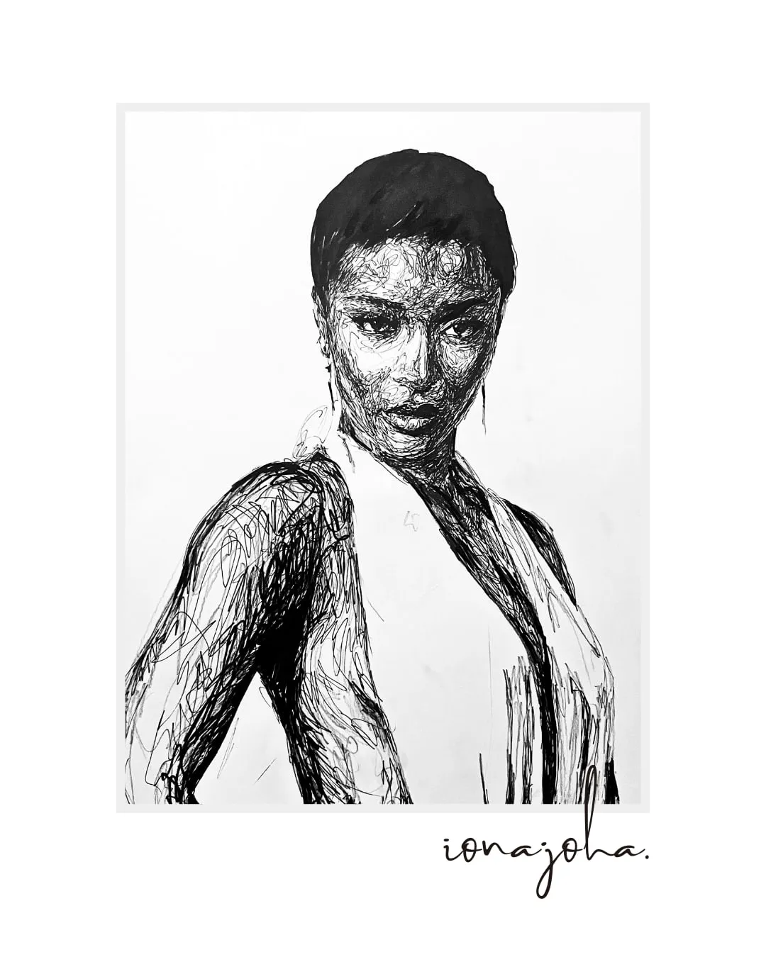 Ink portrait of a woman with cropped hair and bare shoulders