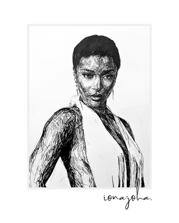 Ink portrait of a woman with cropped hair and bare shoulders