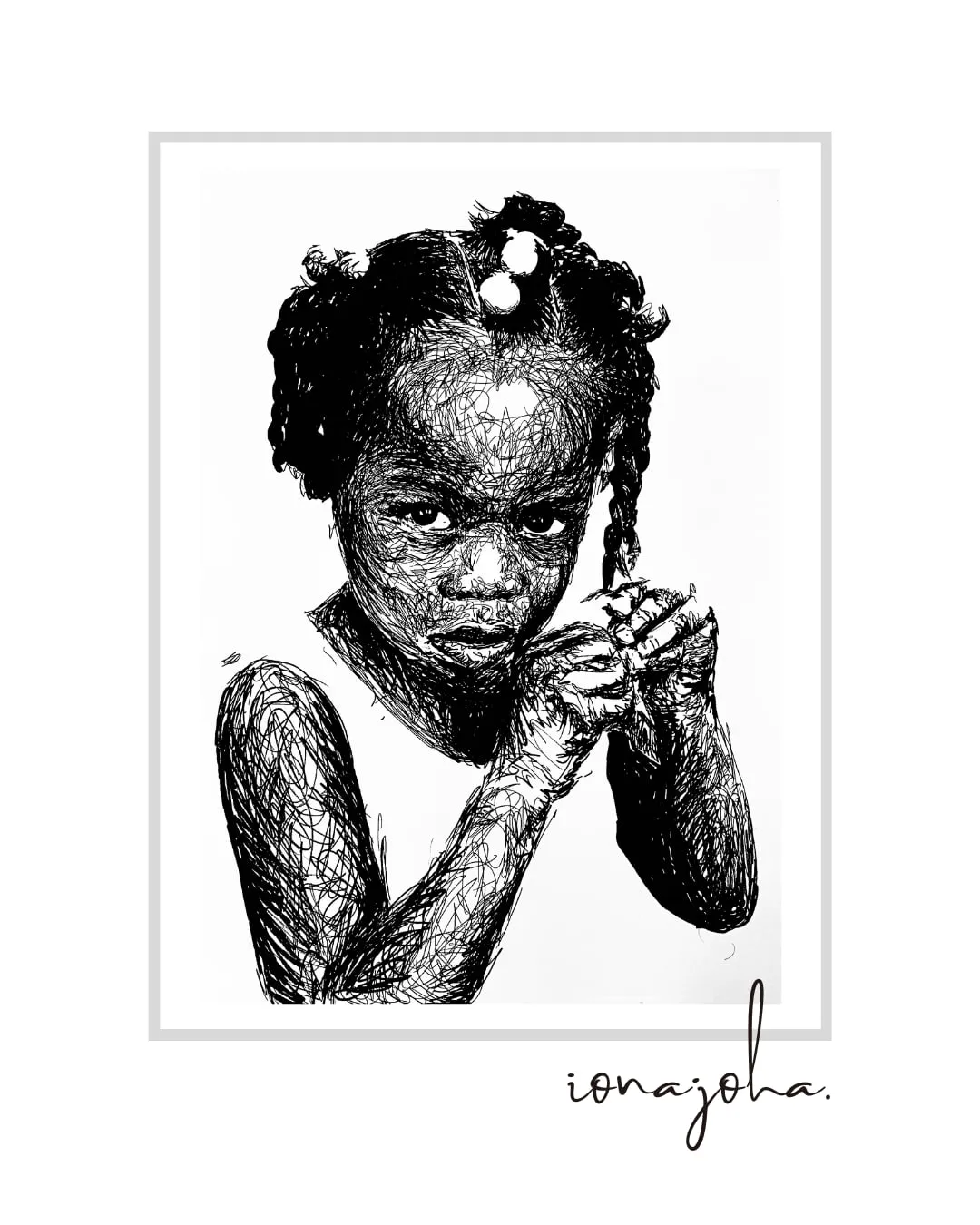 Ink portrait of a young girl with hair puffs, her hands clasped