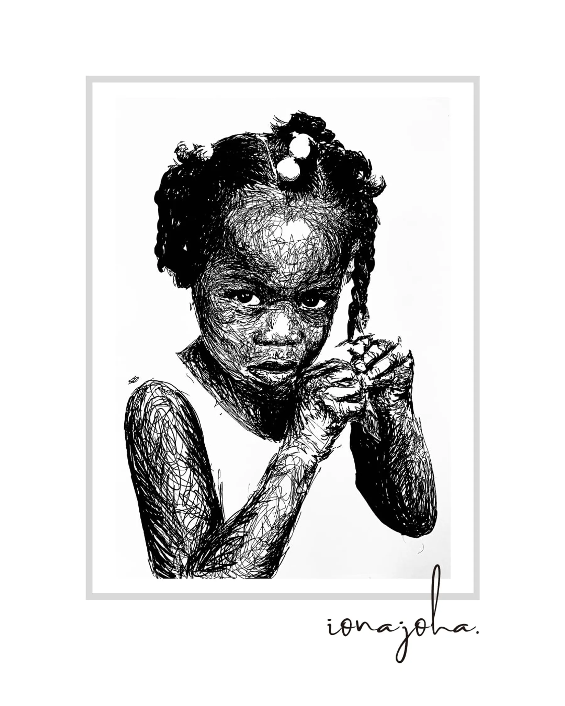 Ink portrait of a young girl with hair puffs, her hands clasped