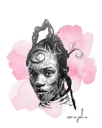 Ink portrait of a woman with a sculptural braided hairstyle over a pink wash