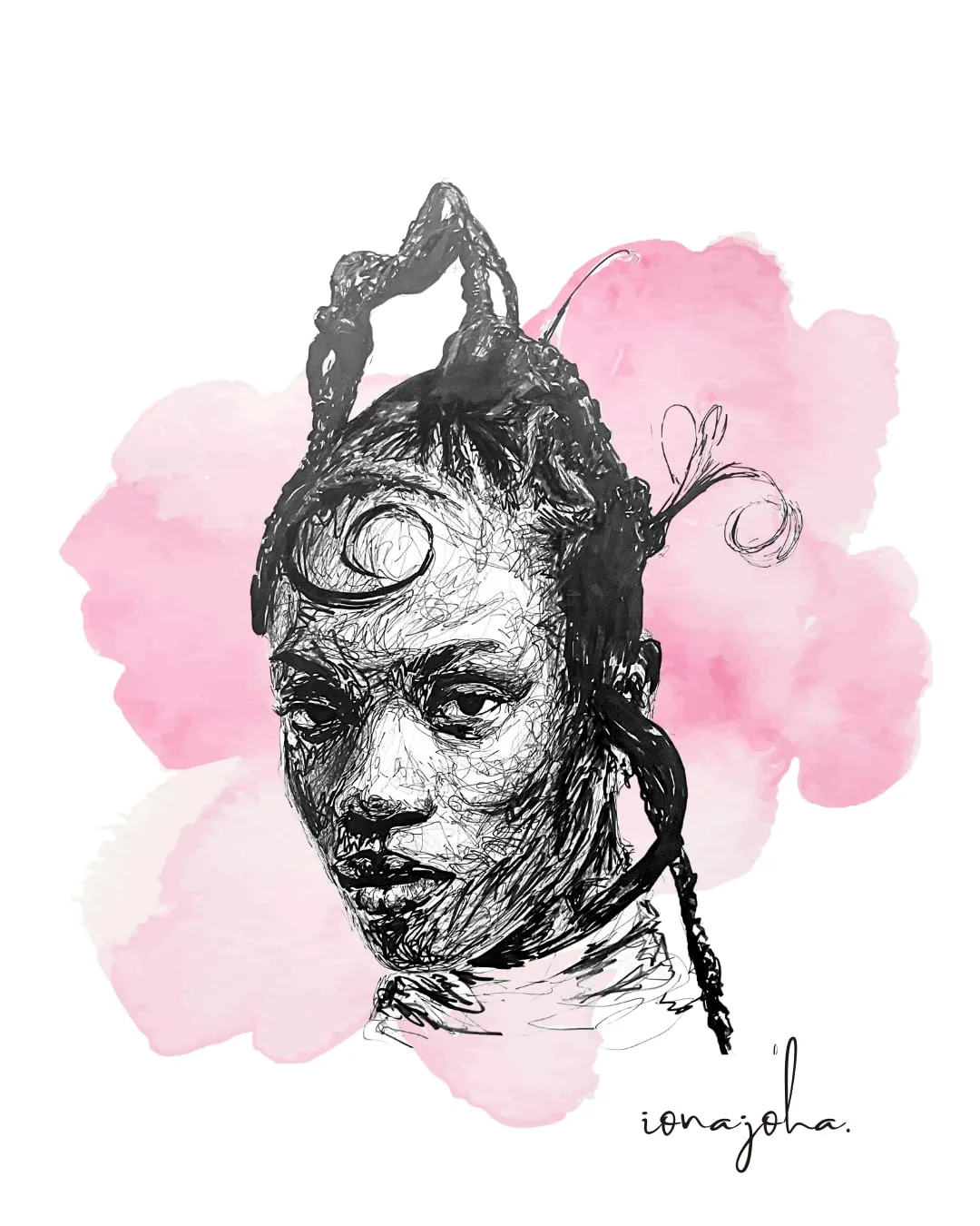 Ink portrait of a woman with a sculptural braided hairstyle over a pink wash