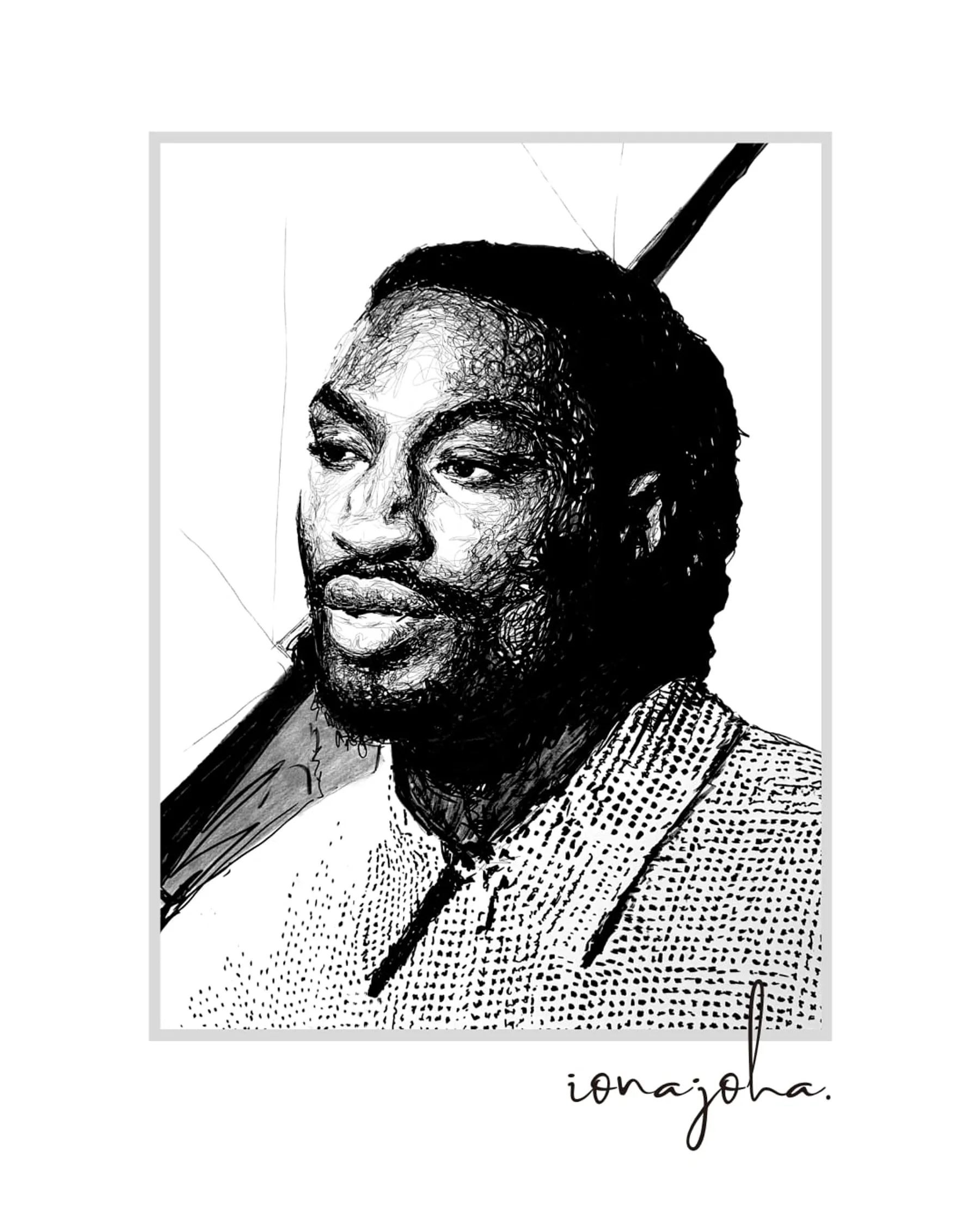 Ink portrait of a bearded man in a patterned shirt