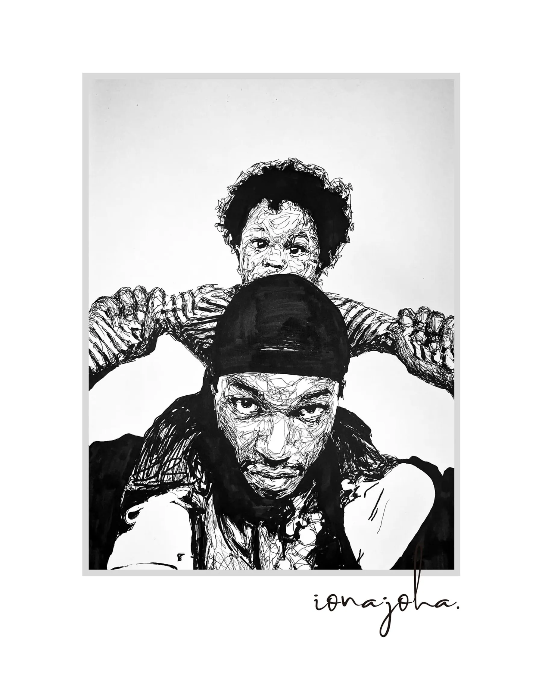 Ink drawing of a child sitting on a man’s shoulders