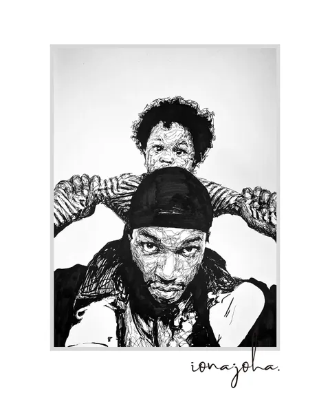 Ink drawing of a child sitting on a man’s shoulders