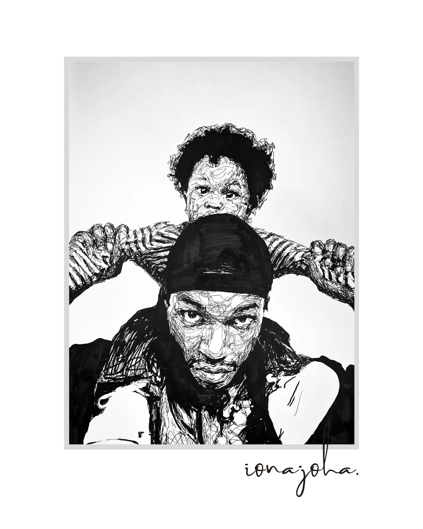 Ink drawing of a child sitting on a man’s shoulders
