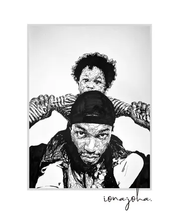 Ink drawing of a child sitting on a man’s shoulders