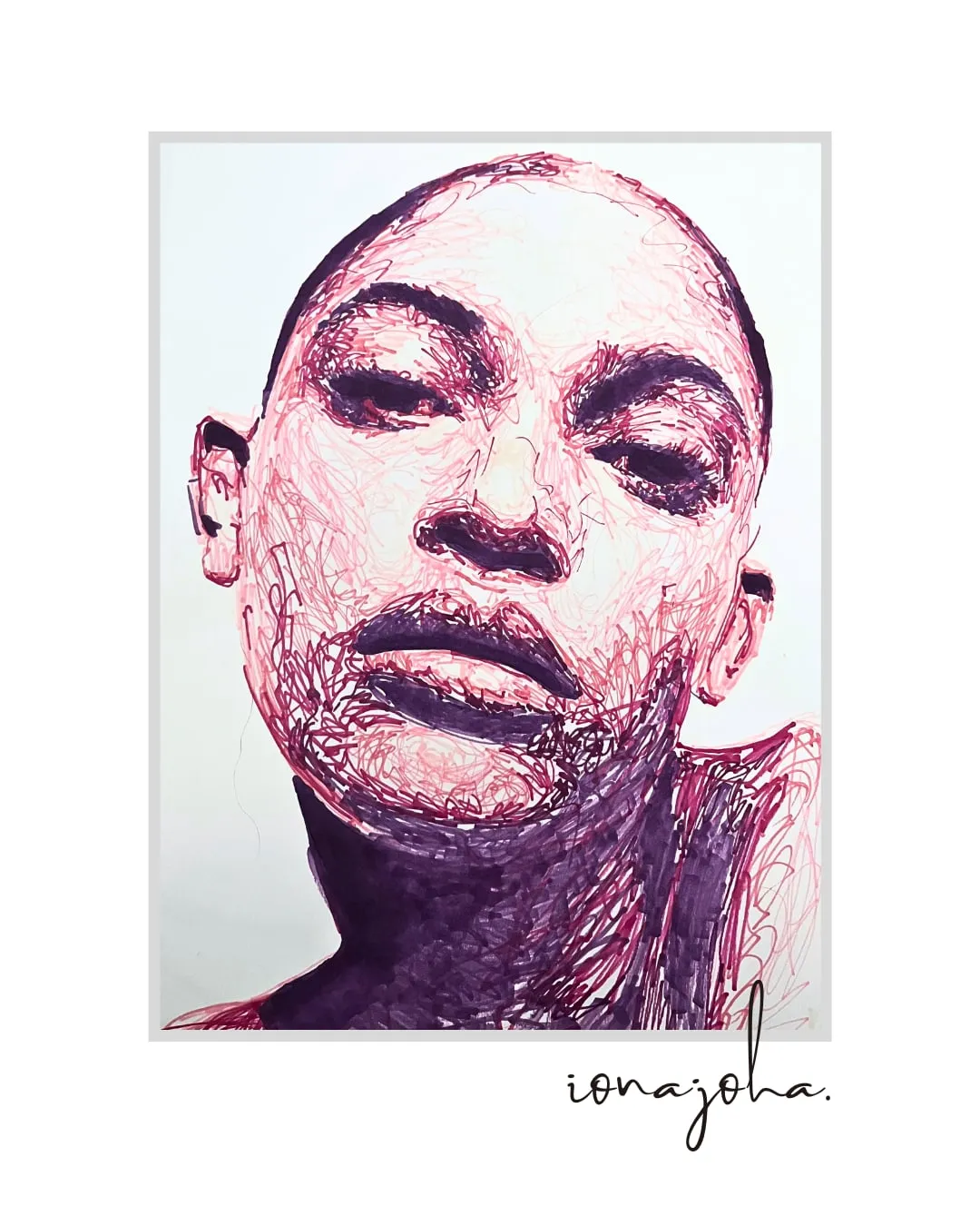 Portrait of a woman with her head tilted back, in pink and purple ink