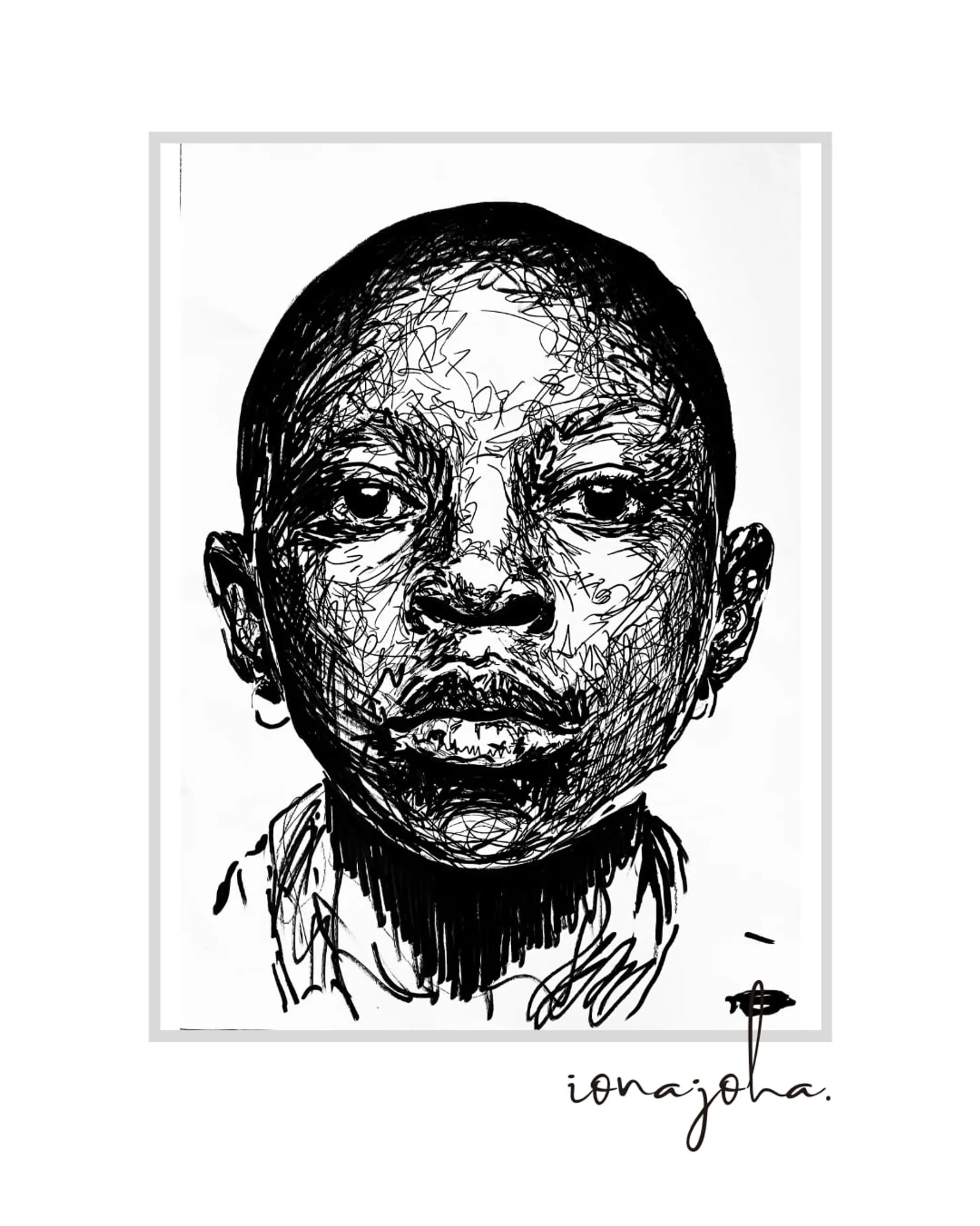 Close-up ink portrait of a child’s face