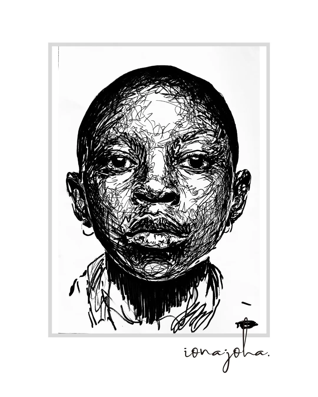 Close-up ink portrait of a child’s face