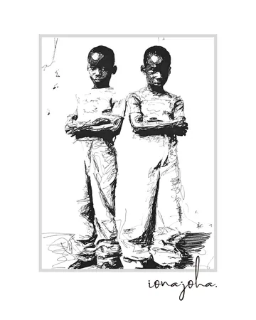 Ink drawing of two young boys standing with arms crossed